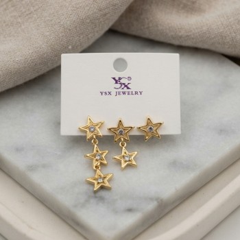 Gold Renk Pirinç Yıldız Model Sallantılı Kadın Küpe Seti