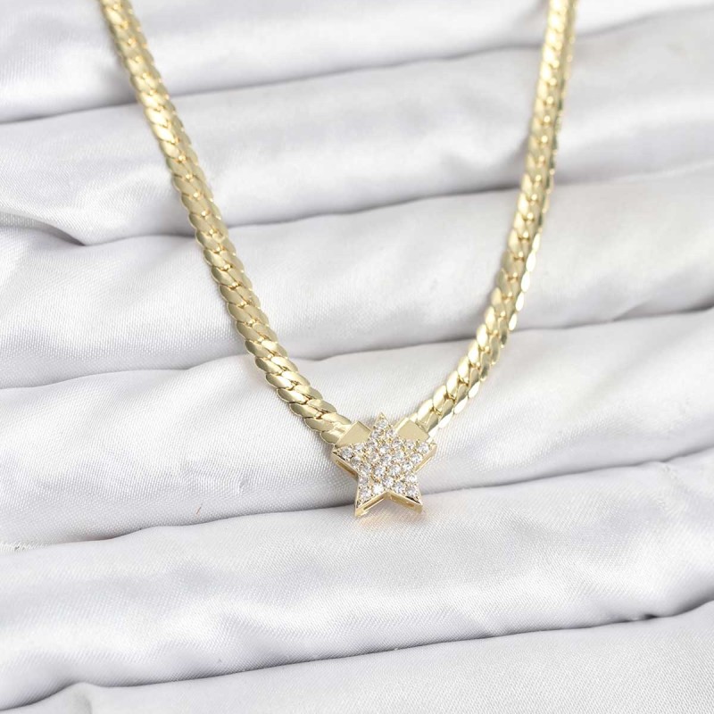 Gold Renk Pirinç Yıldız Zirkon Taşlı Kadın Kolye