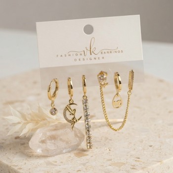 Gold Renk Pirinç Zirkon Taşlı 6'lı Küpe Set Kombini