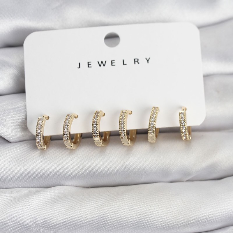 Gold Renk Pirinç Zirkon Taşlı Halka Kadın Küpe Seti