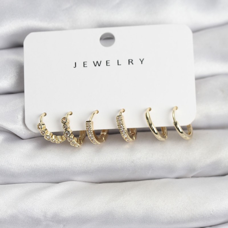 Gold Renk Pirinç Zirkon Taşlı Kadın Küpe Seti