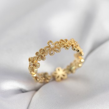 Gold Renk Sıralı Çiçek Model Zirkon Taşlı Kadın Yüzük
