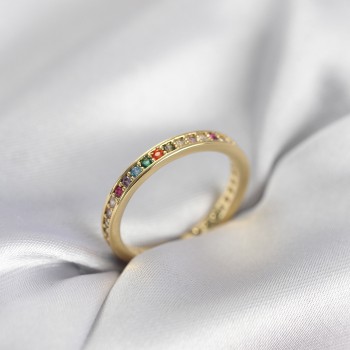 Gold Renk Sıralı Renkli Zirkon Taşlı Kadın Yüzük