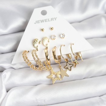Gold Renk Yıldızlı Set 6 Çift Kadın Küpe Seti