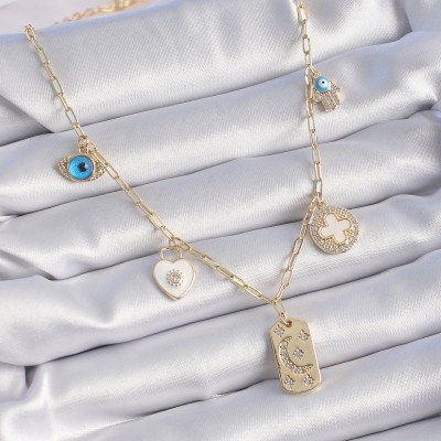 Gold Renk Zirkon Taşlı Çoklu Figür Model Şans Kolyesi