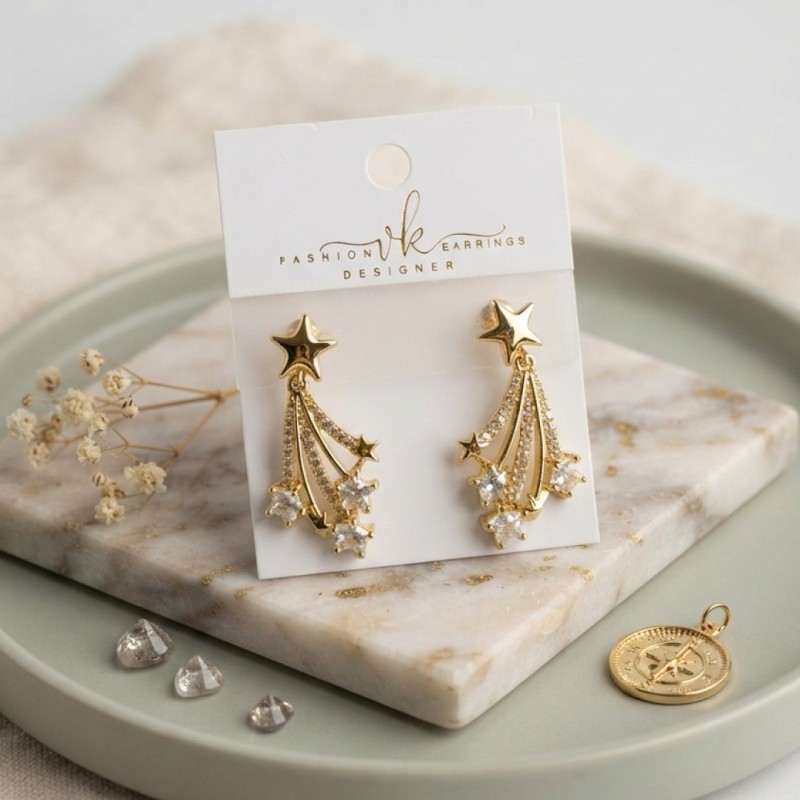 Gold Renk Zirkon Taşlı Halley Model Pirinç Kadın Küpe