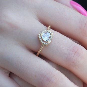 Gold Renk Zirkon Taşlı Kalp Model Charm Pirinç Kadın Yüzük