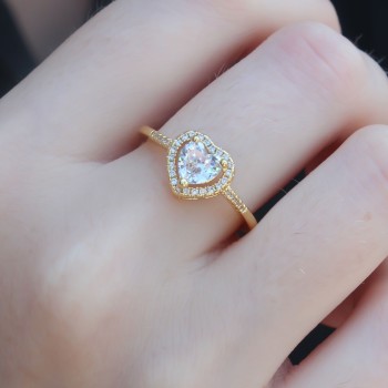 Gold Renk Zirkon Taşlı Kalp Model Charm Pirinç Kadın Yüzük