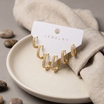 Gold Renk Zirkon Taşlı Pirinç Oval Kare Model Kadın Küpe Seti