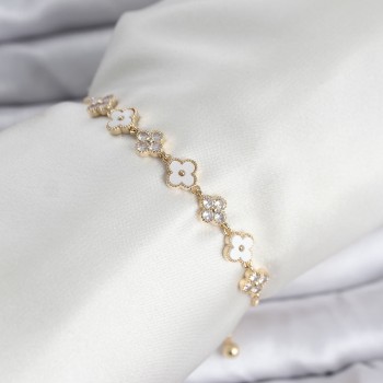 Gold Renk Zirkon Taşlı Sıralı Yonca Model Asansörlü Kadın Bileklik