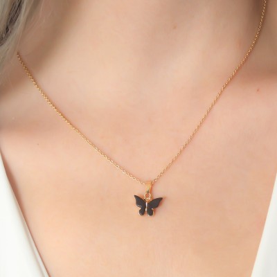 Gold Siyah Renk Kelebek Figür Kadın Kolye