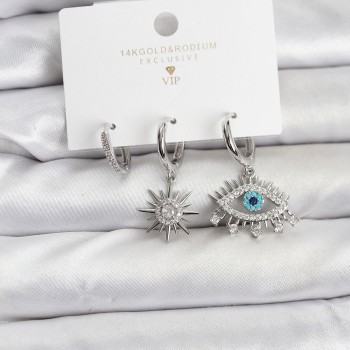 Göz Model Gümüş Renk Pirinç 3'lü Kadın Küpe Seti