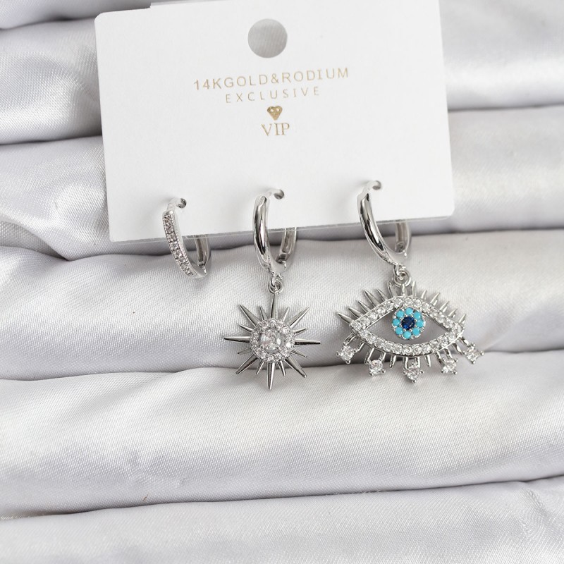 Göz Model Gümüş Renk Pirinç 3'lü Kadın Küpe Seti