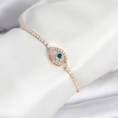Göz Model Zirkon Taşlı Gold Renk Asansörlü Su Yolu Bileklik