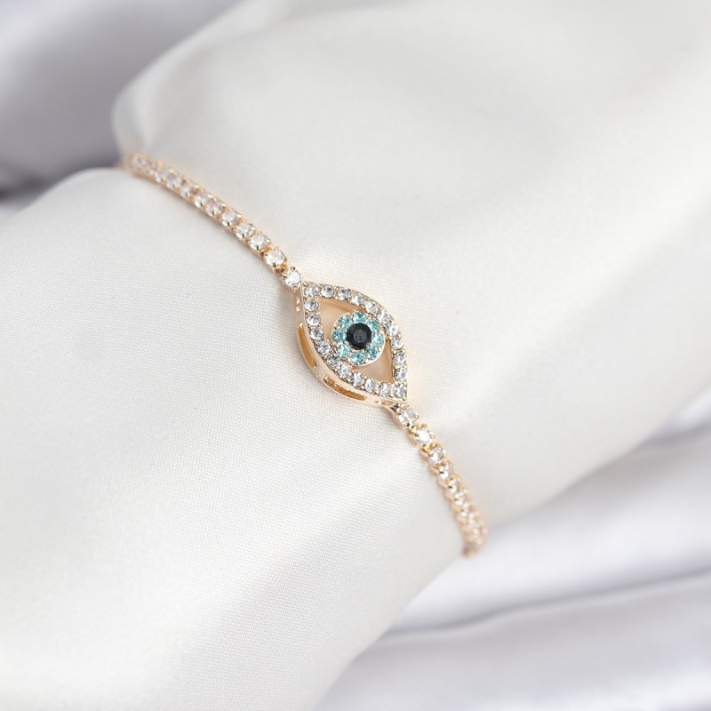 Göz Model Zirkon Taşlı Gold Renk Asansörlü Su Yolu Bileklik
