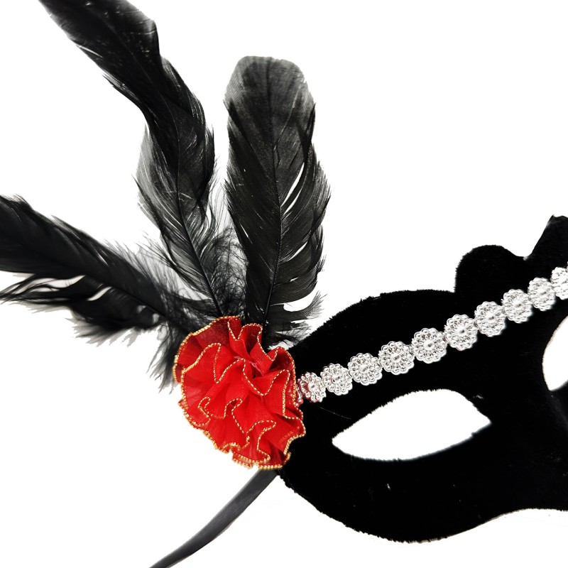 Gümüş Dantelli Kırmızı Gül Tasarımlı Parti Maskesi