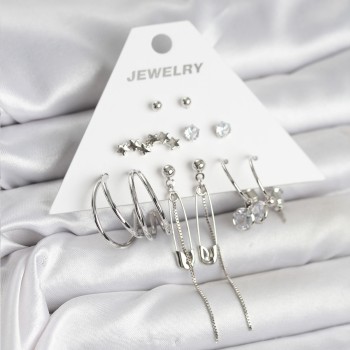 Gümüş Renk 6'lı Pirinç Küpe Seti