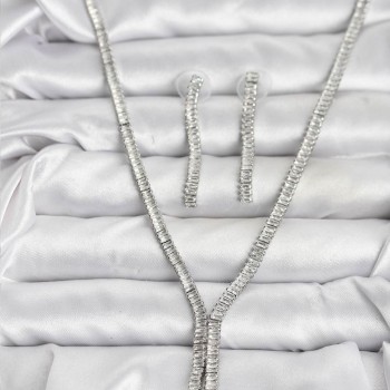 Gümüş Renk Baget Zirkon Taşlı Kadın Kolye Küpe Set