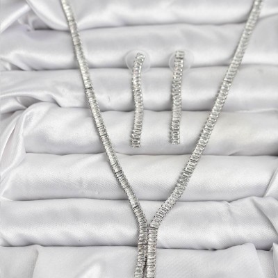 Gümüş Renk Baget Zirkon Taşlı Kadın Kolye Küpe Set