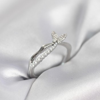 Gümüş Renk Kuyruklu Kelebek Model İncili Kadın Yüzük