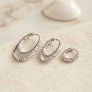 Gümüş Renk Oval Halka Model Zirkon Taşlı 3 lü Küpe Set