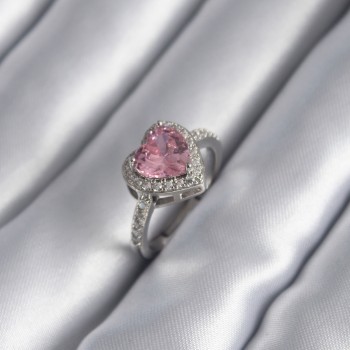 Gümüş Renk Pembe Zirkon Taşlı Charm Kalp Model Kadın Yüzük