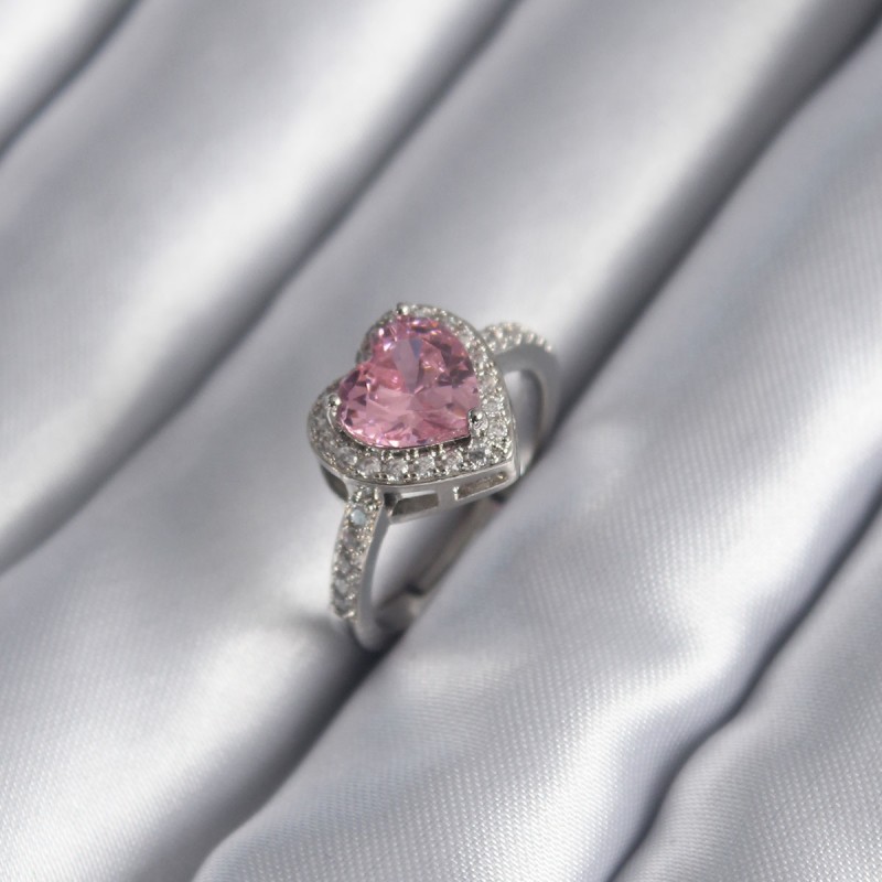 Gümüş Renk Pembe Zirkon Taşlı Charm Kalp Model Kadın Yüzük