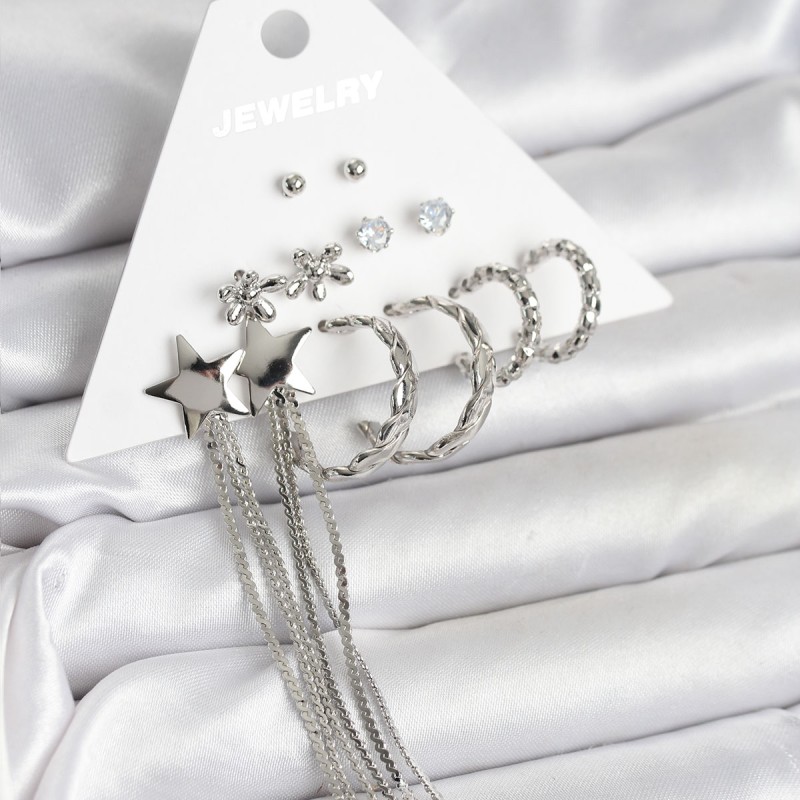 Gümüş Renk Pirinç 6 Çift Kadın Küpe Seti