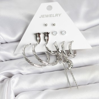 Gümüş Renk Pirinç 6'lı Kadın Küpe Seti