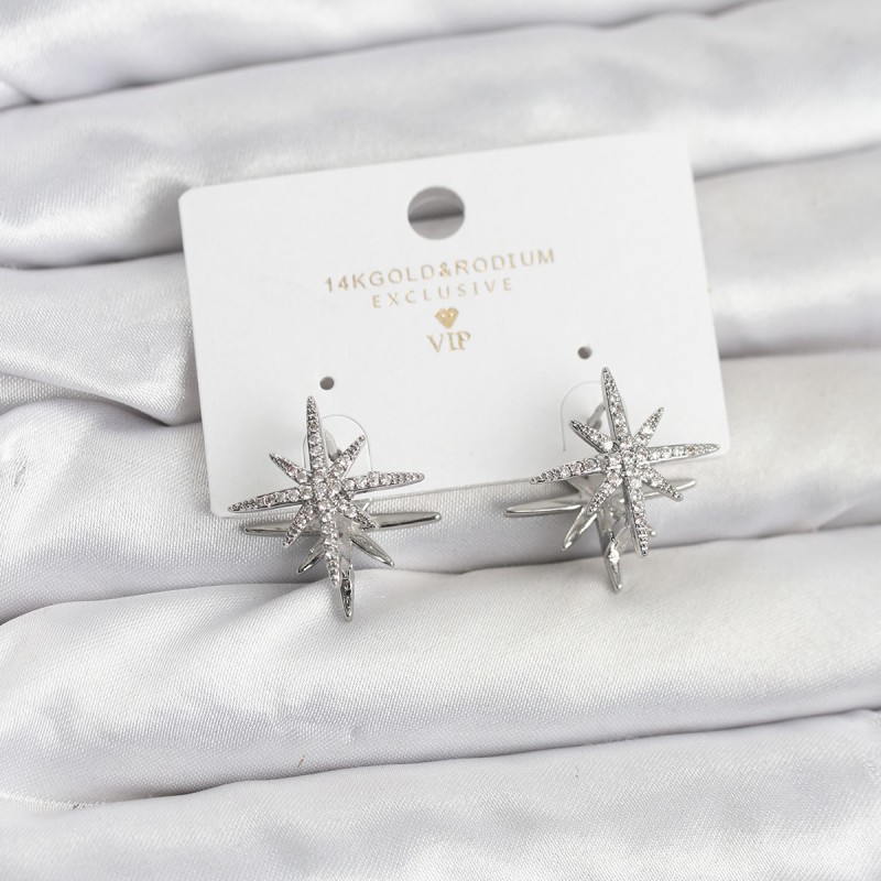 Gümüş Renk Pirinç Çift Taraflı Kutup Yıldızı Kadın Küpe