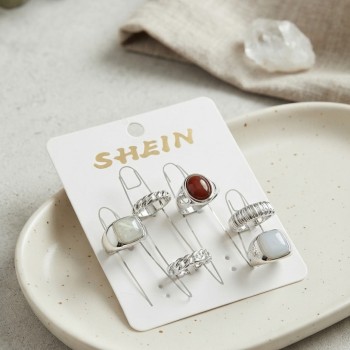 Gümüş Renk Pirinç Taş Detaylı Bohem Yüzük Kombini BYK4279