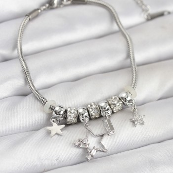 Gümüş Renk Pirinç Yıldız Model Charmlı Kadın Bileklik
