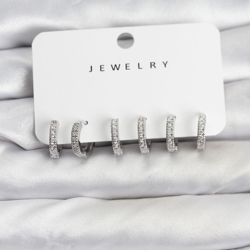 Gümüş Renk Pirinç Zirkon Taşlı Halka Kadın Küpe Seti