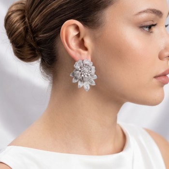 Gümüş Renk Zirkon Taşlı Çiçek Model Kadın Abiye Küpe