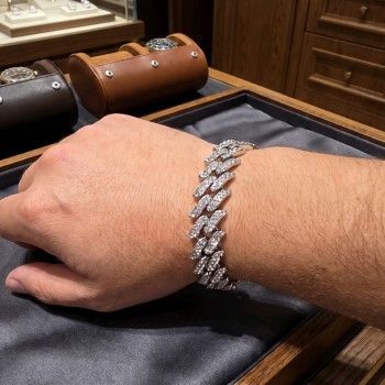 Gümüş Renk Zirkon Taşlı Cuba Zincir Model Erkek Bileklik