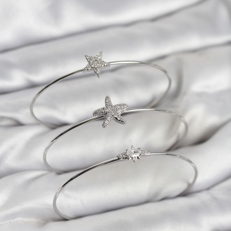 Gümüş Renk Zirkon Taşlı Deniz Yıldızı Model 3'lü Kadın Bileklik Kombini