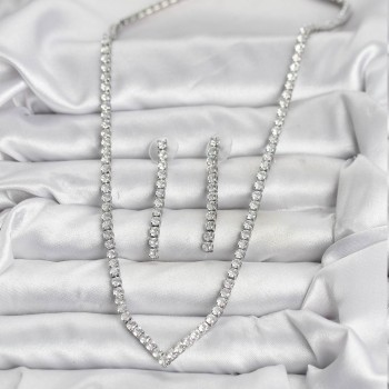 Gümüş Renk Zirkon Taşlı Kadın Kolye Küpe Seti