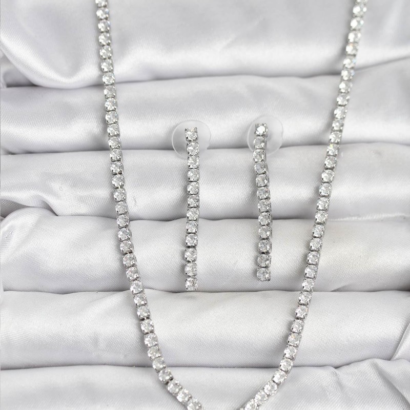 Gümüş Renk Zirkon Taşlı Kadın Kolye Küpe Seti