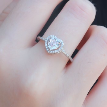 Gümüş Renk Zirkon Taşlı Kalp Model Charm Pirinç Kadın Yüzük