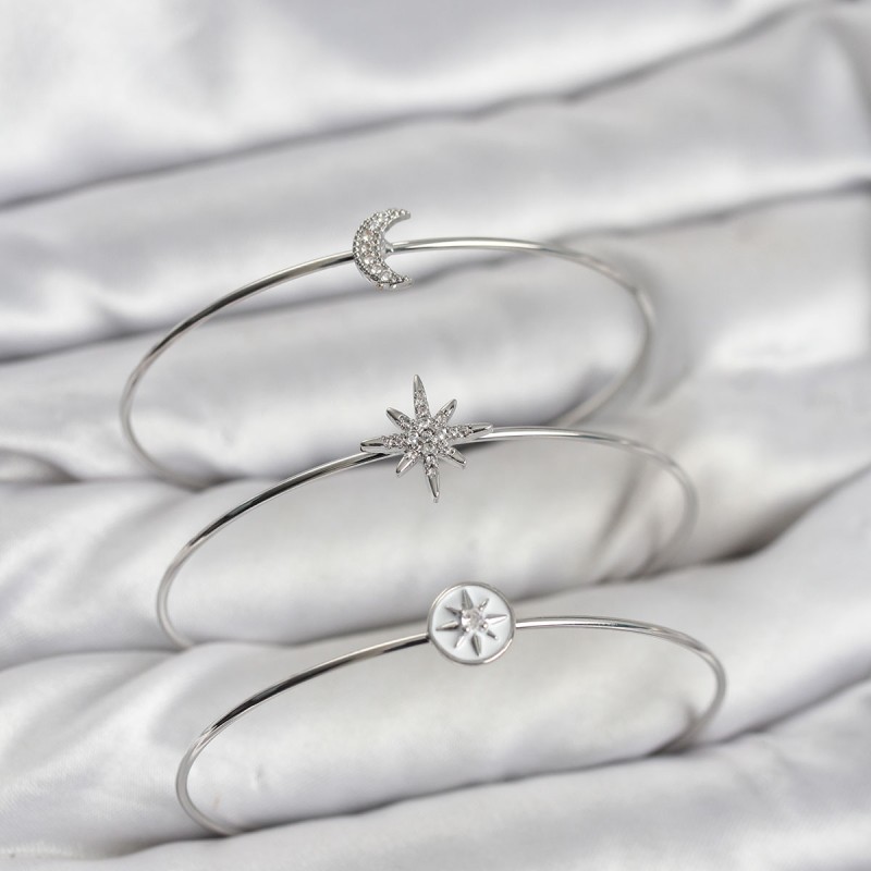 Gümüş Renk Zirkon Taşlı Kutup Yıldızı Model 3'lü Kadın Bileklik Kombini