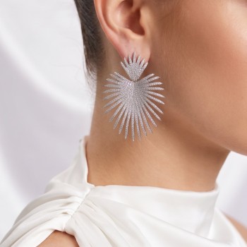 Gümüş Renk Zirkon Taşlı Palmiye Model Kadın Abiye Küpe