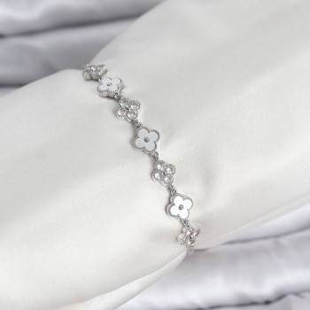 Gümüş Renk Zirkon Taşlı Sıralı Yonca Model Asansörlü Kadın Bileklik