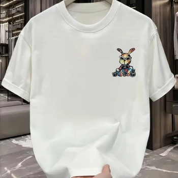 güneş Gözlüğü Grafikli Karikatür Tavşan Oversize Kısa Kollu Çift Tişört, Beyaz -