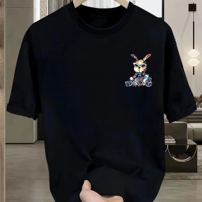 Güneş Gözlüğü Grafikli Karikatür Tavşan Oversize Kısa Kollu Çift Tişört, - Siyah -