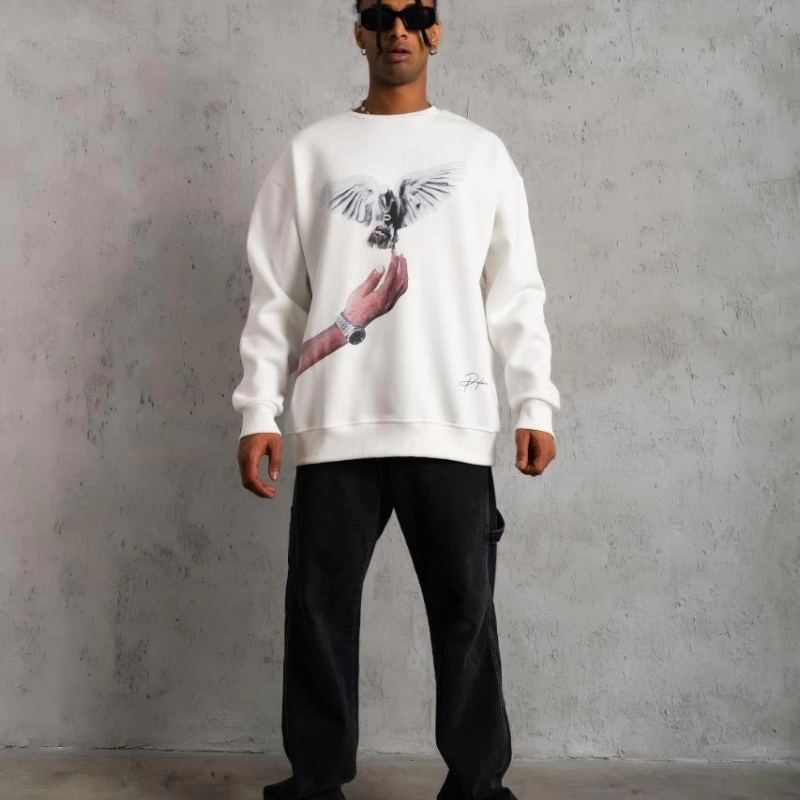 Güvercin Baskılı Sweatshirt - Beyaz -