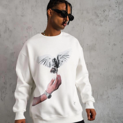 Güvercin Baskılı Sweatshirt - Beyaz -