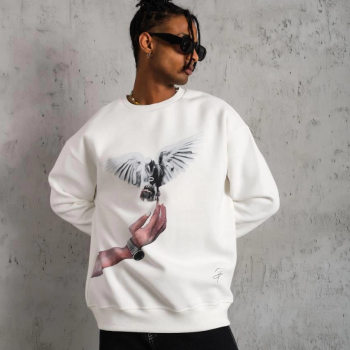Güvercin Baskılı Sweatshirt - Beyaz -