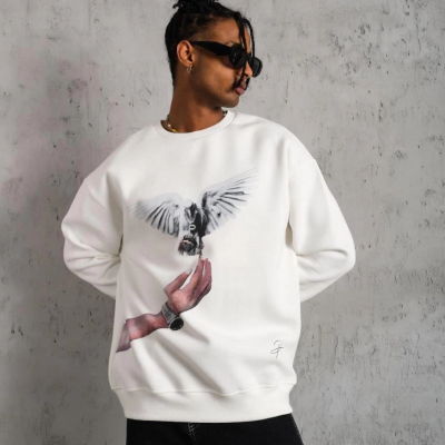 Güvercin Baskılı Sweatshirt - Beyaz -