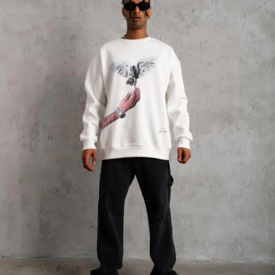Güvercin Baskılı Sweatshirt - Beyaz -