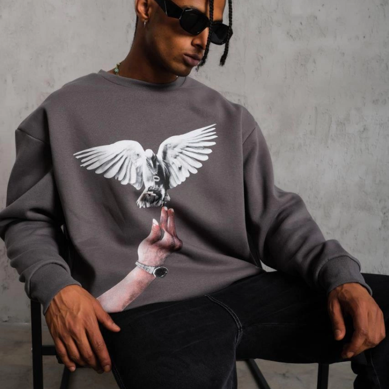 Güvercin Baskılı Sweatshirt - Gri